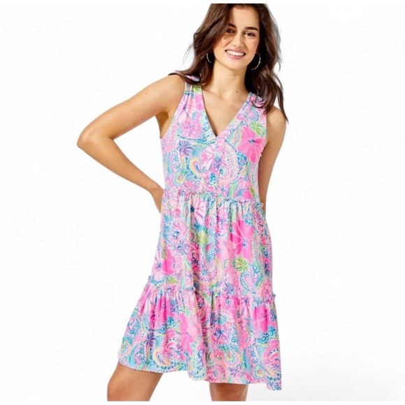 Lilly Pulitzer Lorina Tiered Swing Dress Multi Flock Full of Fun Sz XS‎ Colorful - Picture 1 of 16